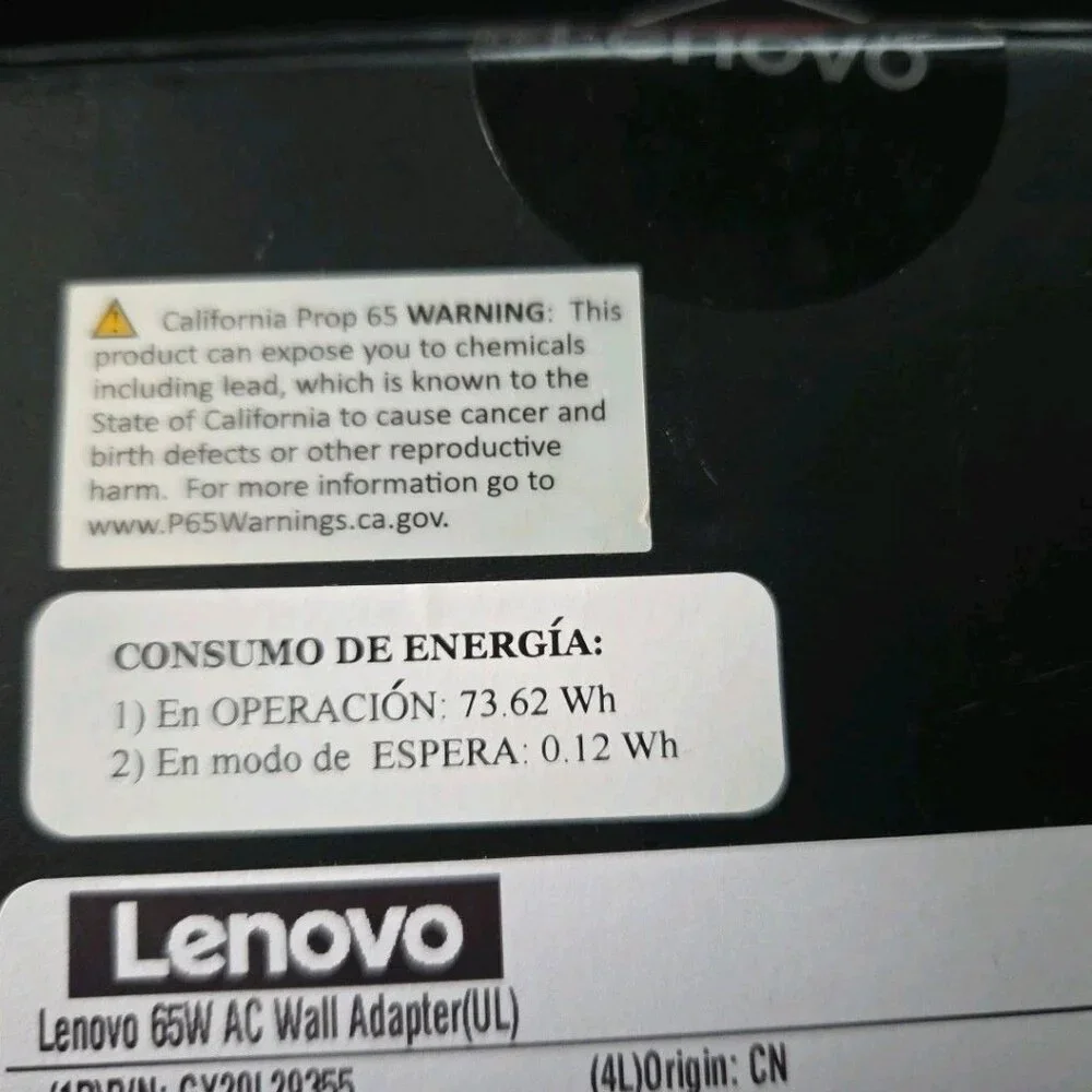 Lenovo 65W Laptop Charger - Round Tip AC Wall Adapter (GX20L29355) Black Sealed